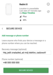 Screen z zabezpieczania telefonu Google My Device